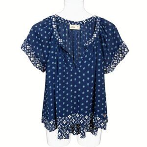 Hollister Blue Floral Peasant Top Medium Boho Hippie Blouse Winter Casual Layer